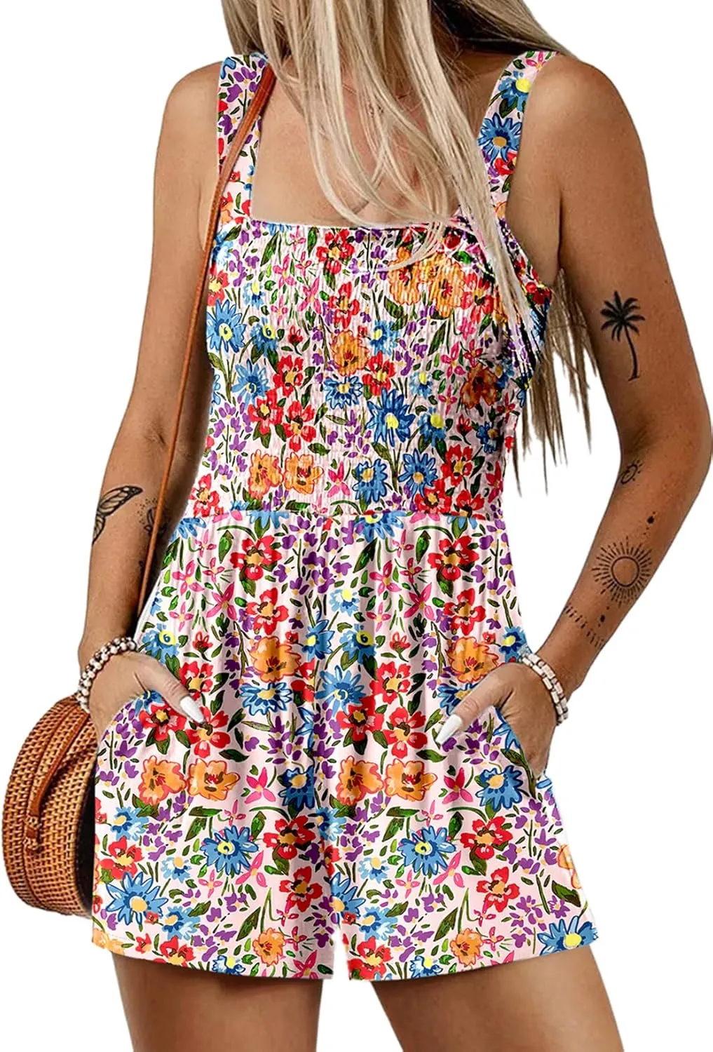 Dokotoo Women's Summer Casual Smocked Rompers Square Neck Sleeveless Loose Shorts Jumpsuits 2025 Beach Vacation Outfits