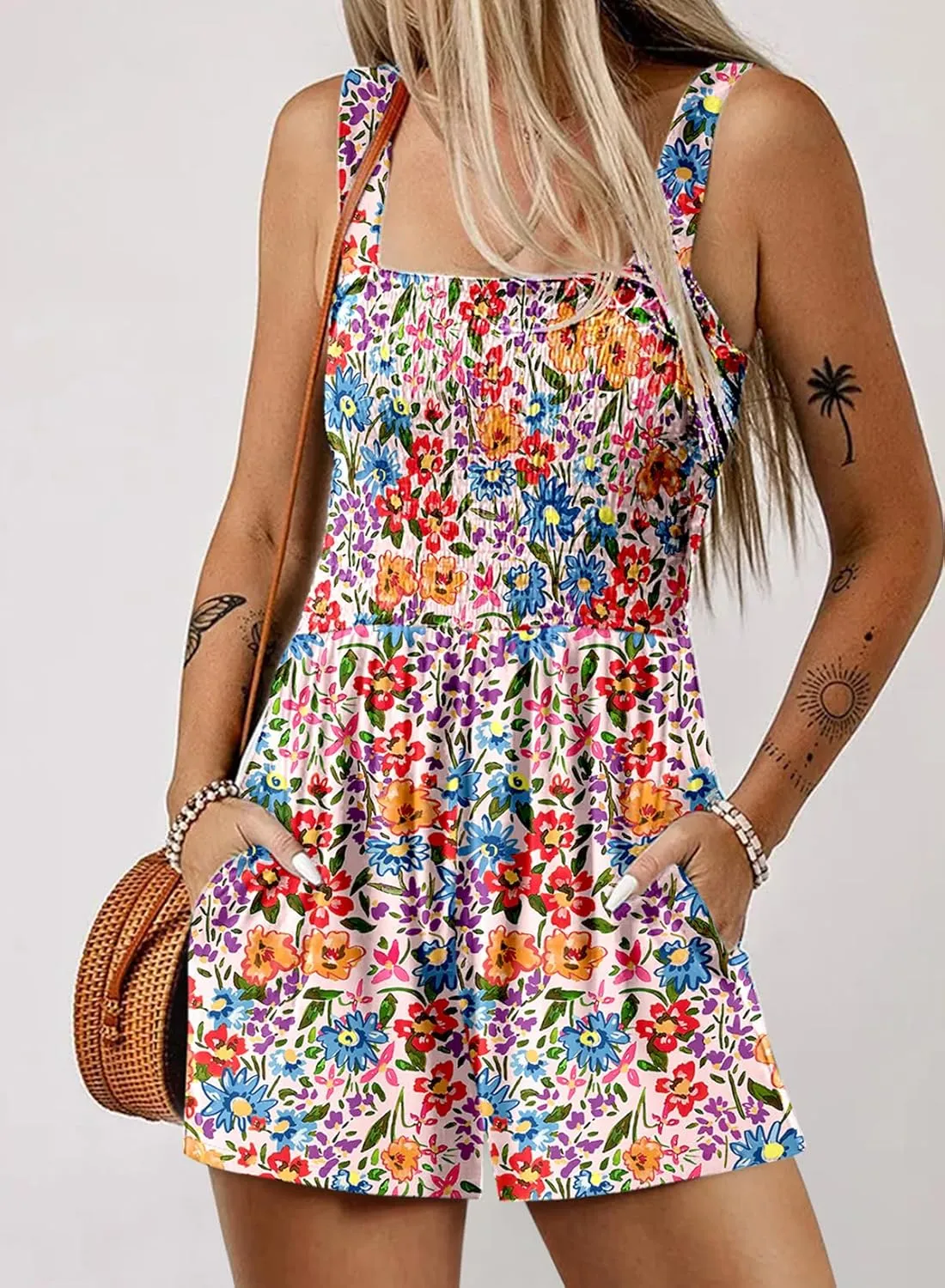 Dokotoo Women's Summer Casual Smocked Rompers Square Neck Sleeveless Loose Shorts Jumpsuits 2025 Beach Vacation Outfits