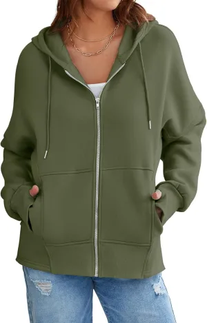 Dokotoo Zip Up Hoodies for Women Relaxed Lightweight Long Sleeve Drawstring Hooded Fluffy Sweatshirt Womens Casual Solid Ribbed Cuff Comfy Jacket Hoodie Coat with Pockets Winter Fall Clothes M Green