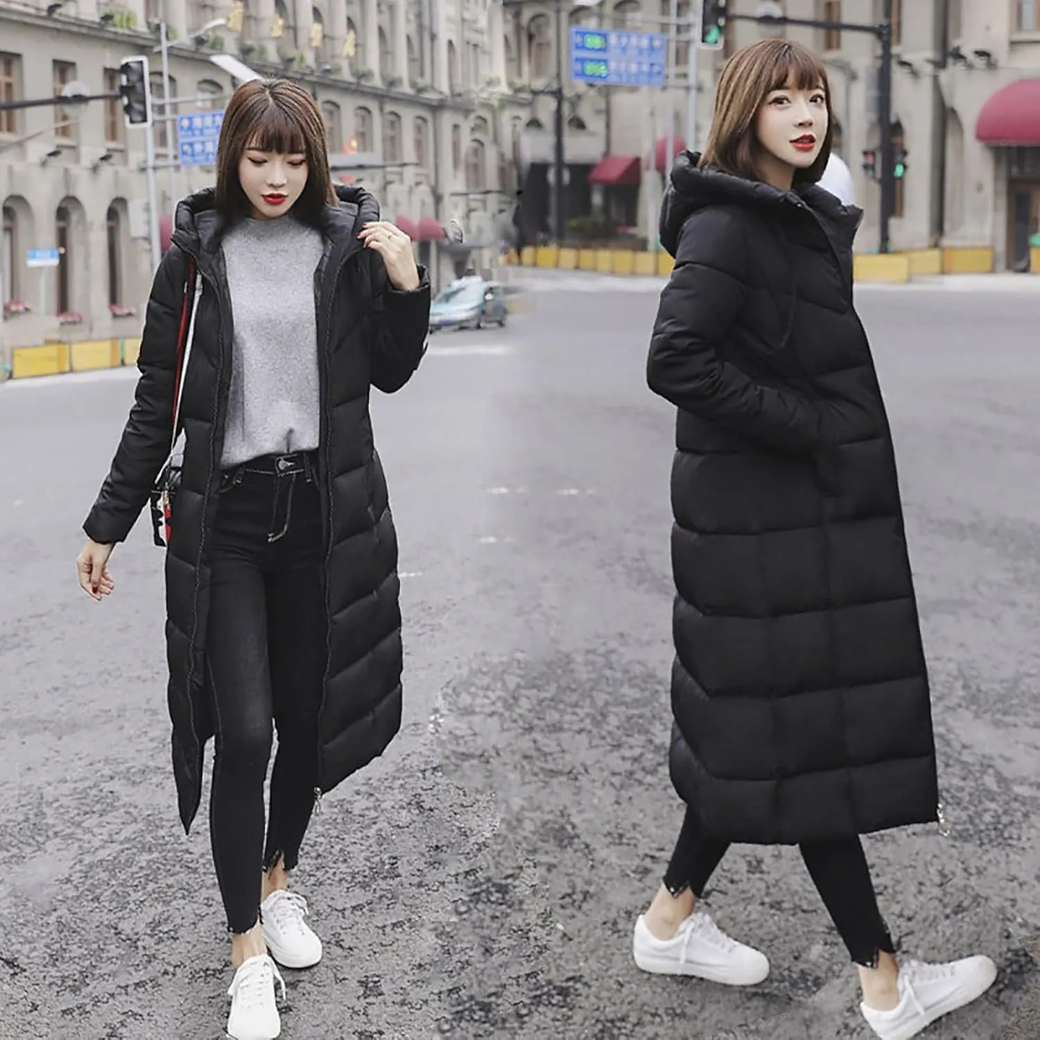 Down Jacket Women's Overcoat Warm Winter Hoodie Full Zipper Solid Color Slim Long Outwear Coat Jacket Long Jacket