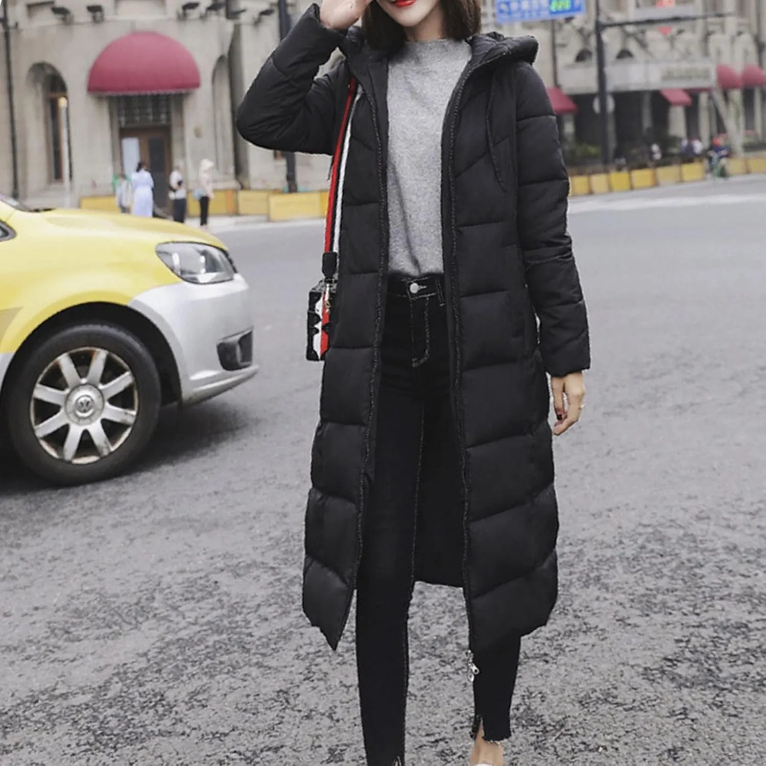Down Jacket Women's Overcoat Warm Winter Hoodie Full Zipper Solid Color Slim Long Outwear Coat Jacket Long Jacket