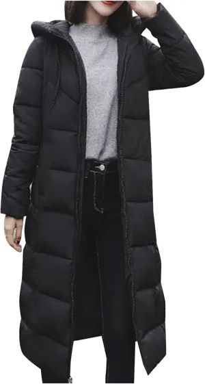 Down Jacket Women's Overcoat Warm Winter Hoodie Full Zipper Solid Color Slim Long Outwear Coat Jacket Long Jacket