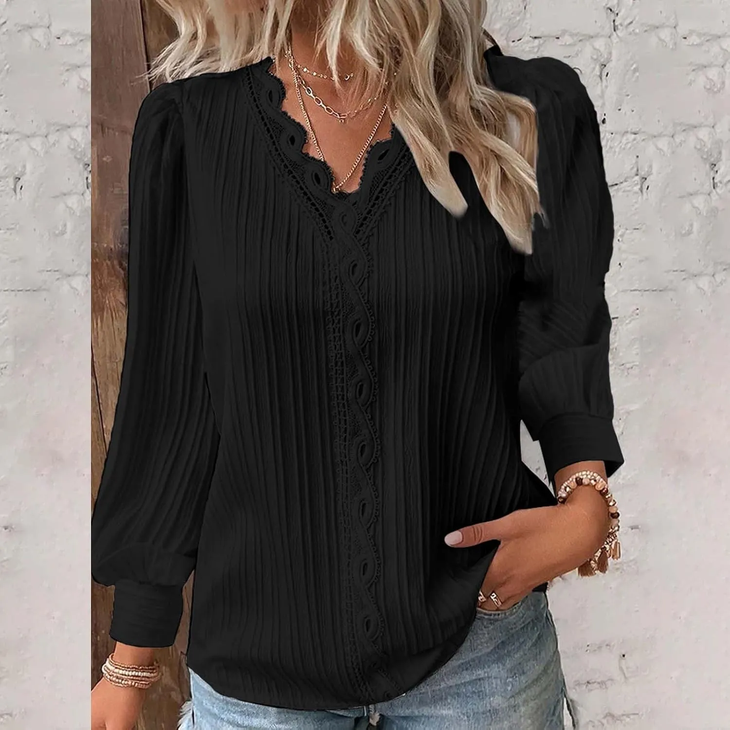 Dressy T Shirts for Women Elegant Lace Patchwork V Neck Long Sleeve Pleated Tops Office Work Going Out Party Blouse
