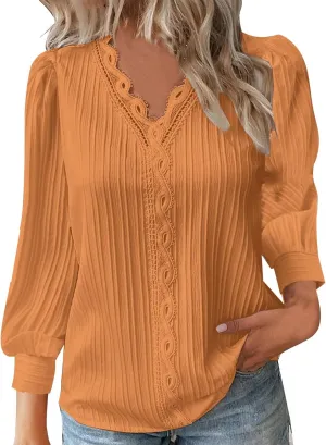 Dressy T Shirts for Women Elegant Lace Patchwork V Neck Long Sleeve Pleated Tops Office Work Going Out Party Blouse