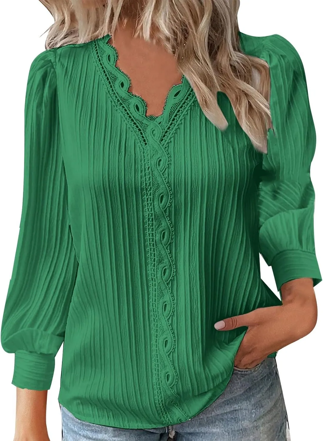 Dressy T Shirts for Women Elegant Lace Patchwork V Neck Long Sleeve Pleated Tops Office Work Going Out Party Blouse