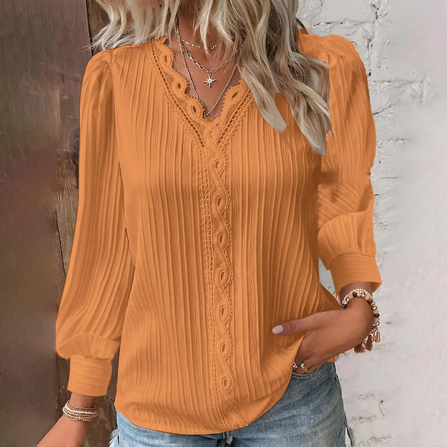 Dressy T Shirts for Women Elegant Lace Patchwork V Neck Long Sleeve Pleated Tops Office Work Going Out Party Blouse