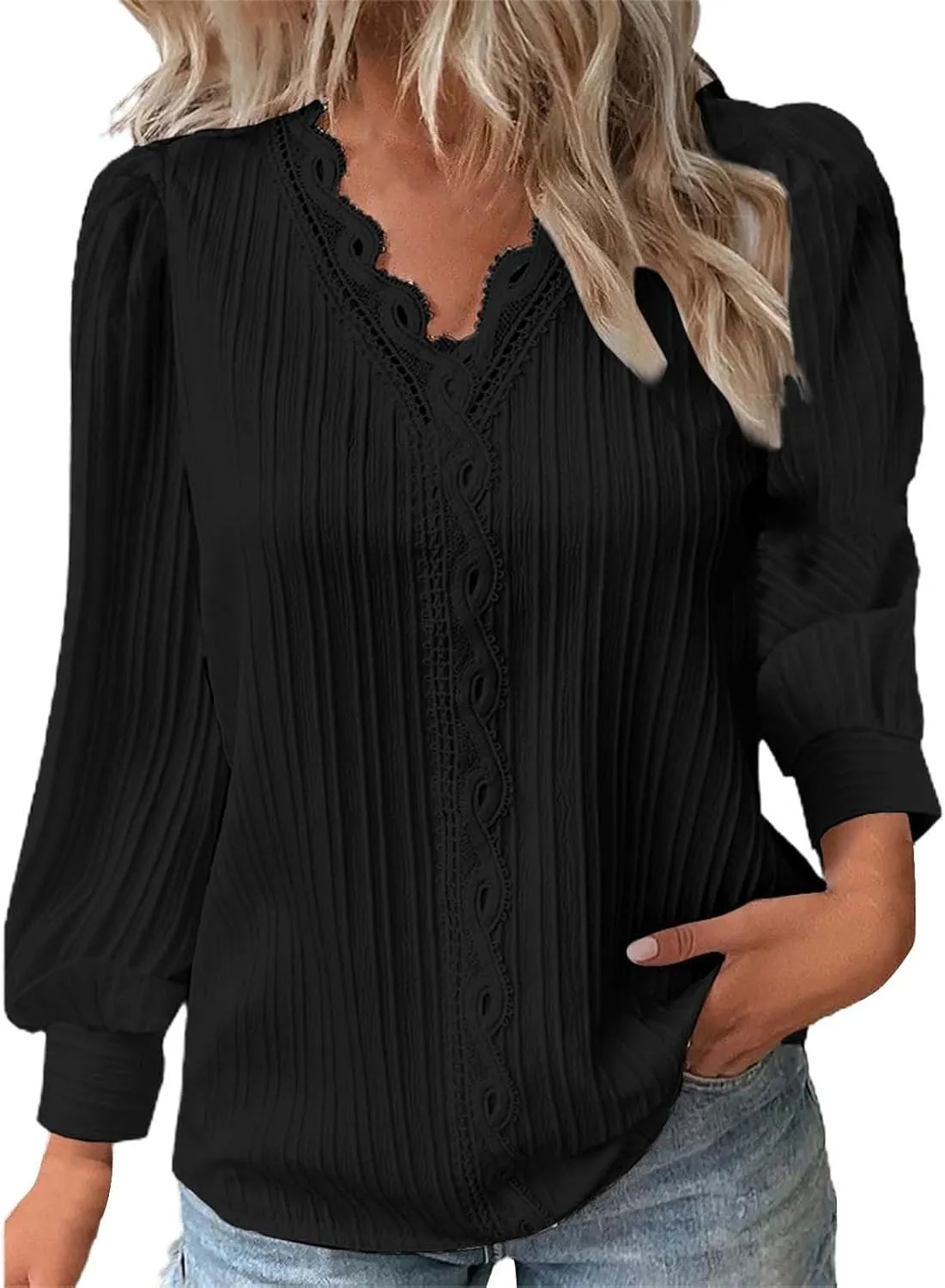 Dressy T Shirts for Women Elegant Lace Patchwork V Neck Long Sleeve Pleated Tops Office Work Going Out Party Blouse