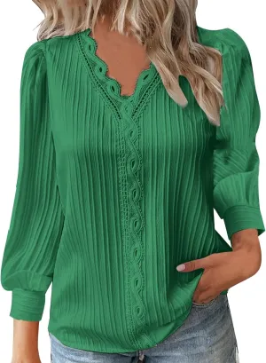 Dressy T Shirts for Women Elegant Lace Patchwork V Neck Long Sleeve Pleated Tops Office Work Going Out Party Blouse