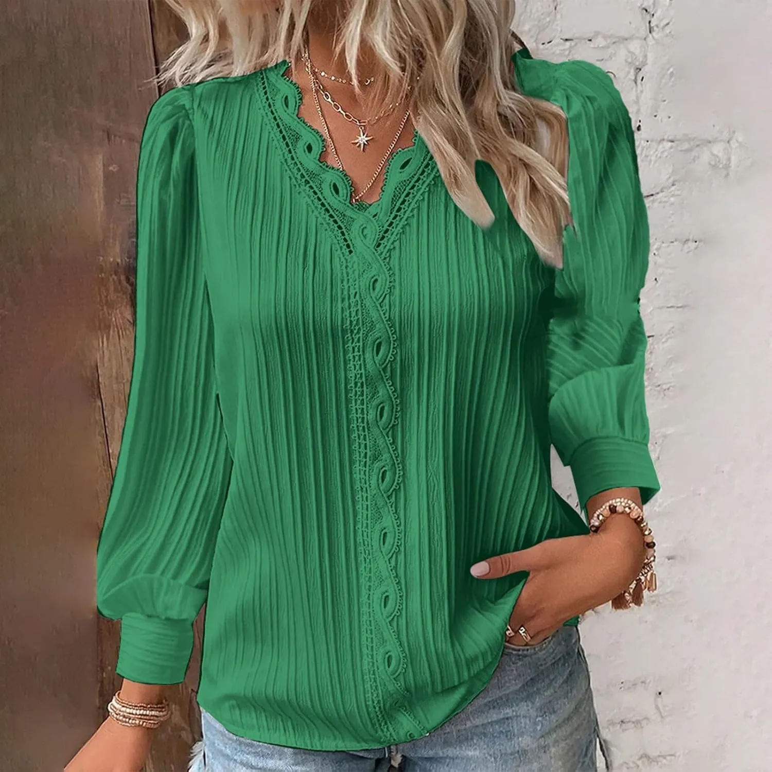Dressy T Shirts for Women Elegant Lace Patchwork V Neck Long Sleeve Pleated Tops Office Work Going Out Party Blouse
