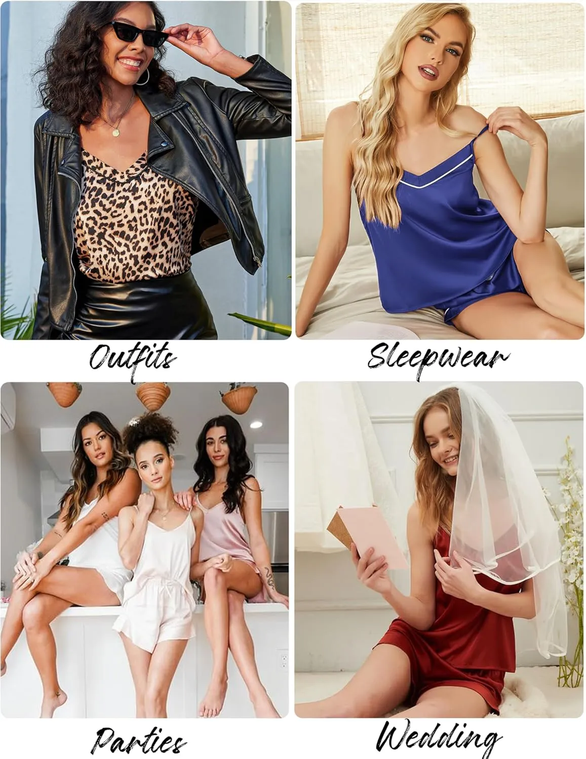 Ekouaer Satin Pajamas Women's Soft Sleepwear Lingerie Silk Cami Shorts Set Nightwear S-XXL