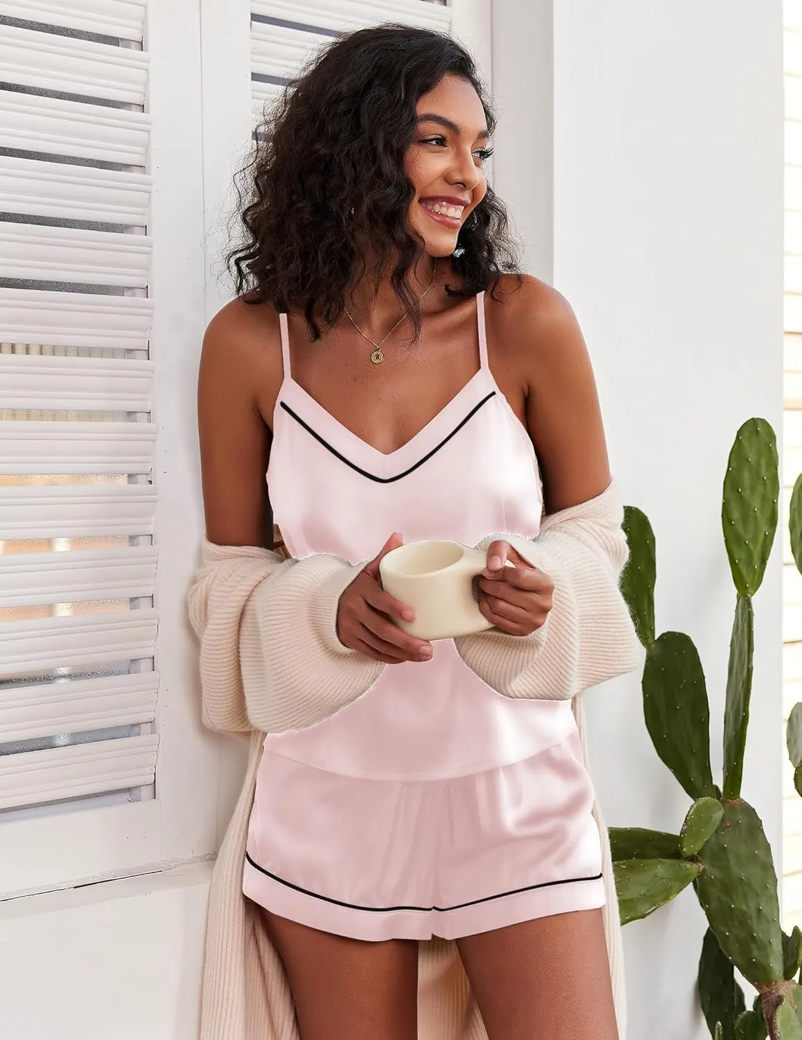 Ekouaer Satin Pajamas Women's Soft Sleepwear Lingerie Silk Cami Shorts Set Nightwear S-XXL