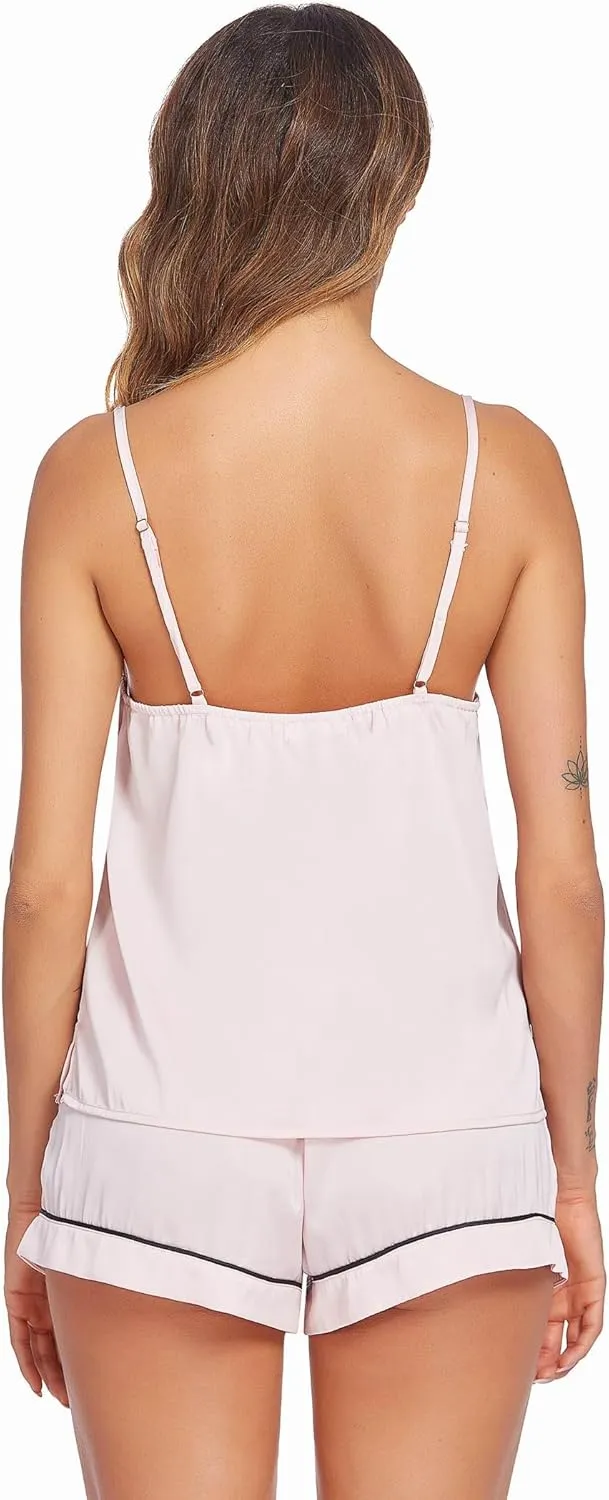 Ekouaer Satin Pajamas Women's Soft Sleepwear Lingerie Silk Cami Shorts Set Nightwear S-XXL