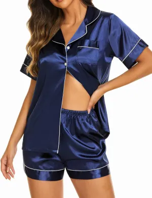 Ekouaer Silk Pajama Sets Womens 2 Piece Short Sleeve Sleepwear Soft Button Down Loungewear Satin Pjs Shorts Lounge Set S-XXL