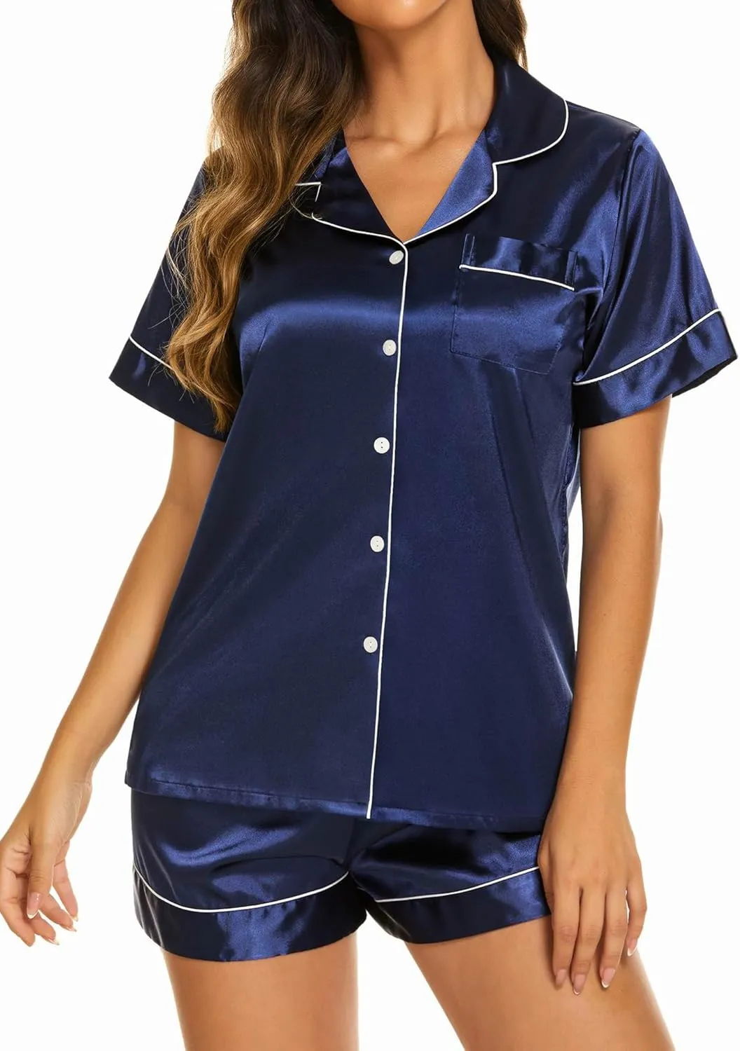 Ekouaer Silk Pajama Sets Womens 2 Piece Short Sleeve Sleepwear Soft Button Down Loungewear Satin Pjs Shorts Lounge Set S-XXL