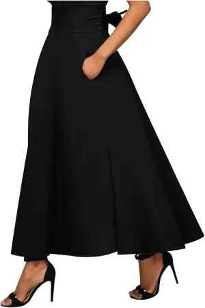 Elegant High Waisted A Line Skirts for Women Flowy Vintage Stretch Pleated Maxi Skirt Knee Length Dress