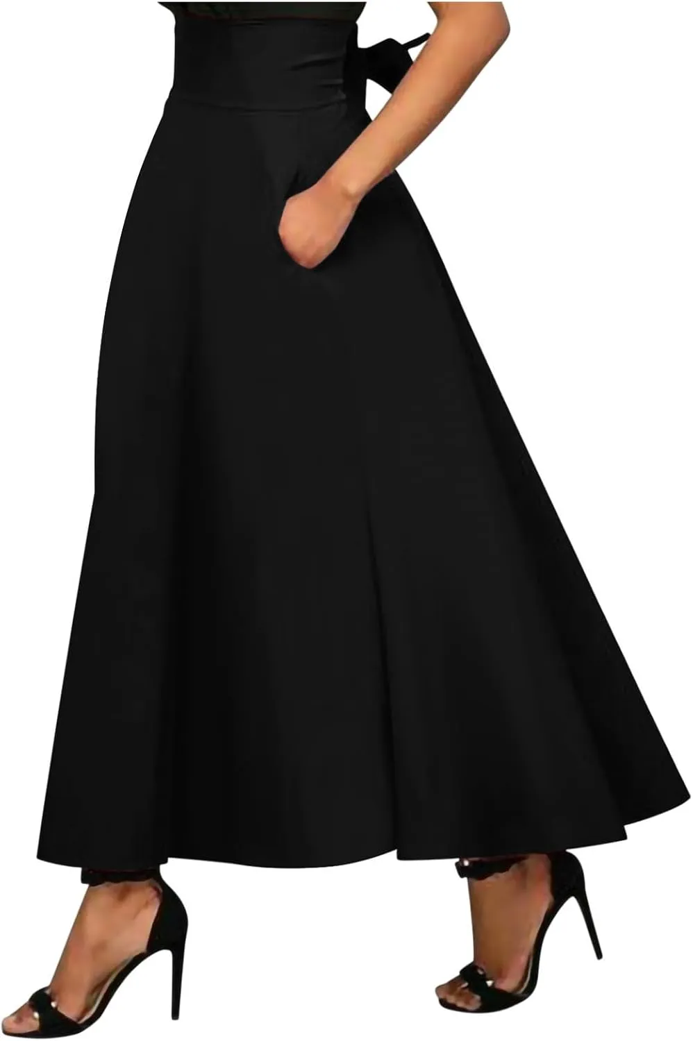Elegant High Waisted A Line Skirts for Women Flowy Vintage Stretch Pleated Maxi Skirt Knee Length Dress