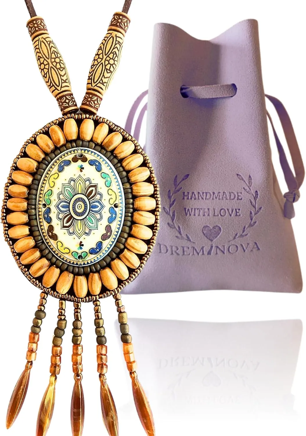 Ethnic Flower Boho Beaded Necklaces for Women Long Pendant Hawaiian Necklaces Bohemian Necklaces African Tribal Native Necklaces Trendy Fashion Jewelry