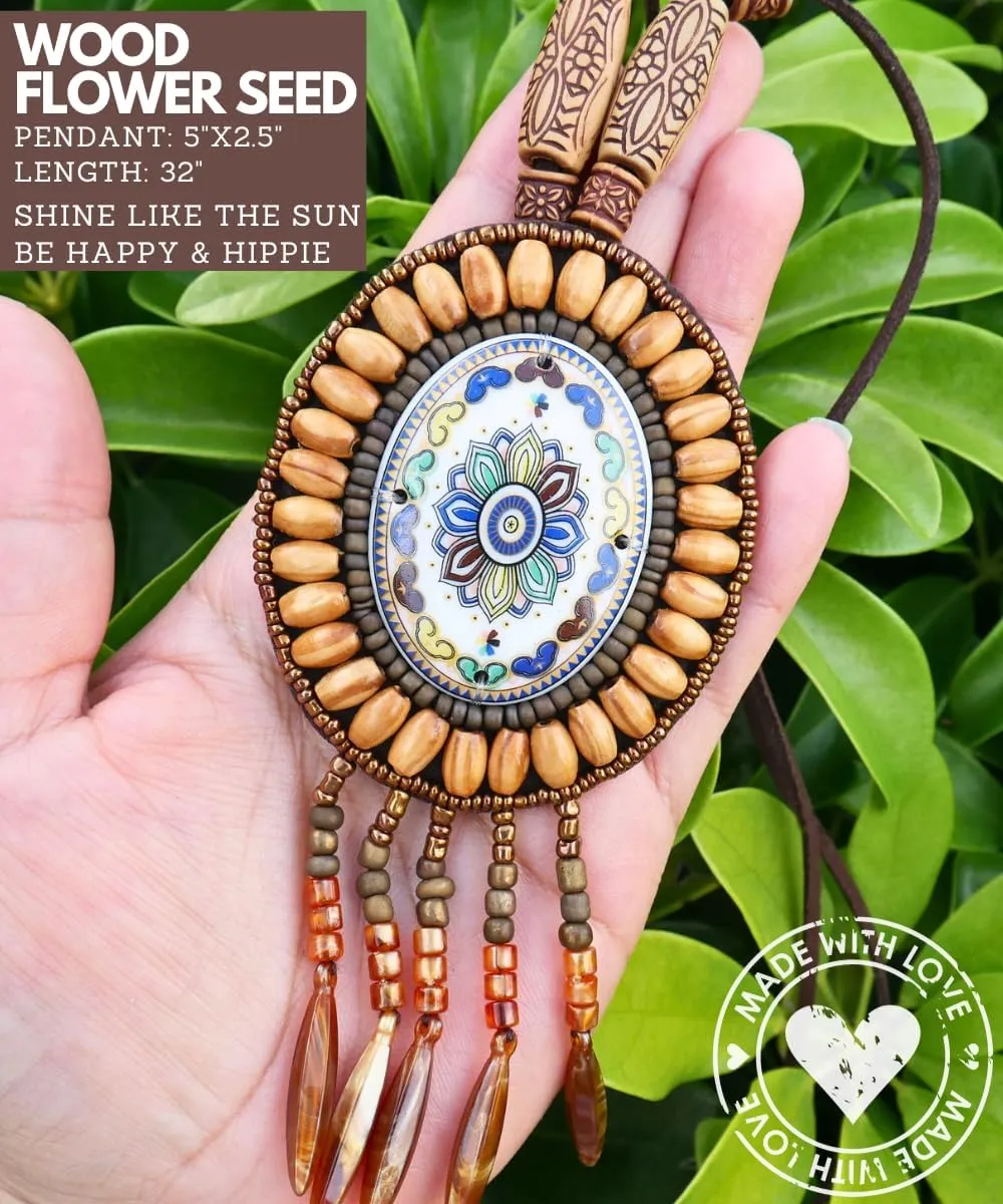 Ethnic Flower Boho Beaded Necklaces for Women Long Pendant Hawaiian Necklaces Bohemian Necklaces African Tribal Native Necklaces Trendy Fashion Jewelry