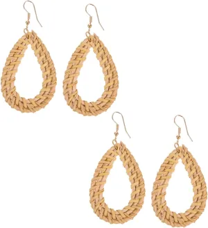 Ethnic Style Dangle Earrings Handmade Woven Rattan Earrings Hollow Teardrop Design for Spring Festival