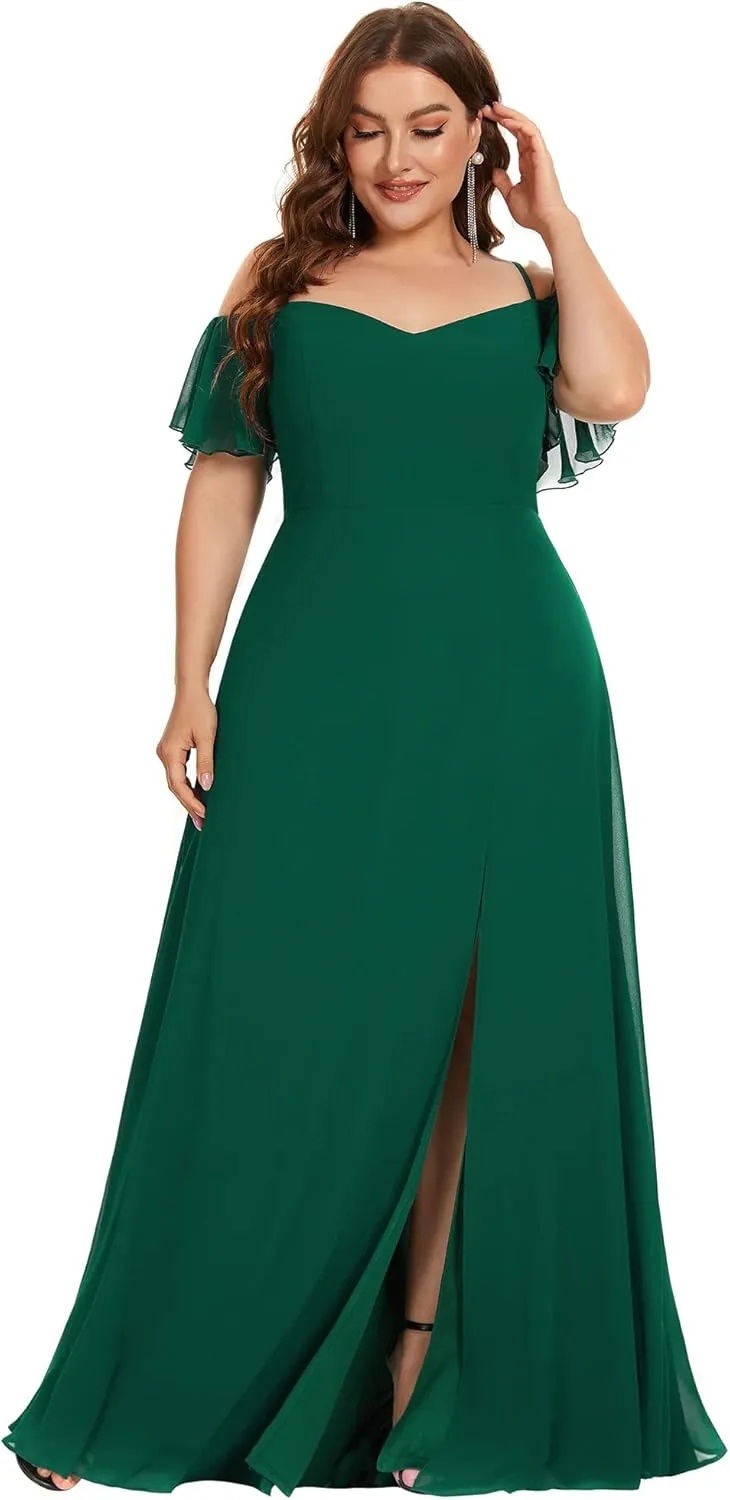 Ever-Pretty Plus Women's Off Shoulder Ruffles Sleeves Side Slit Chiffon Plus Size Bridesmaid Dresses 00237-DA