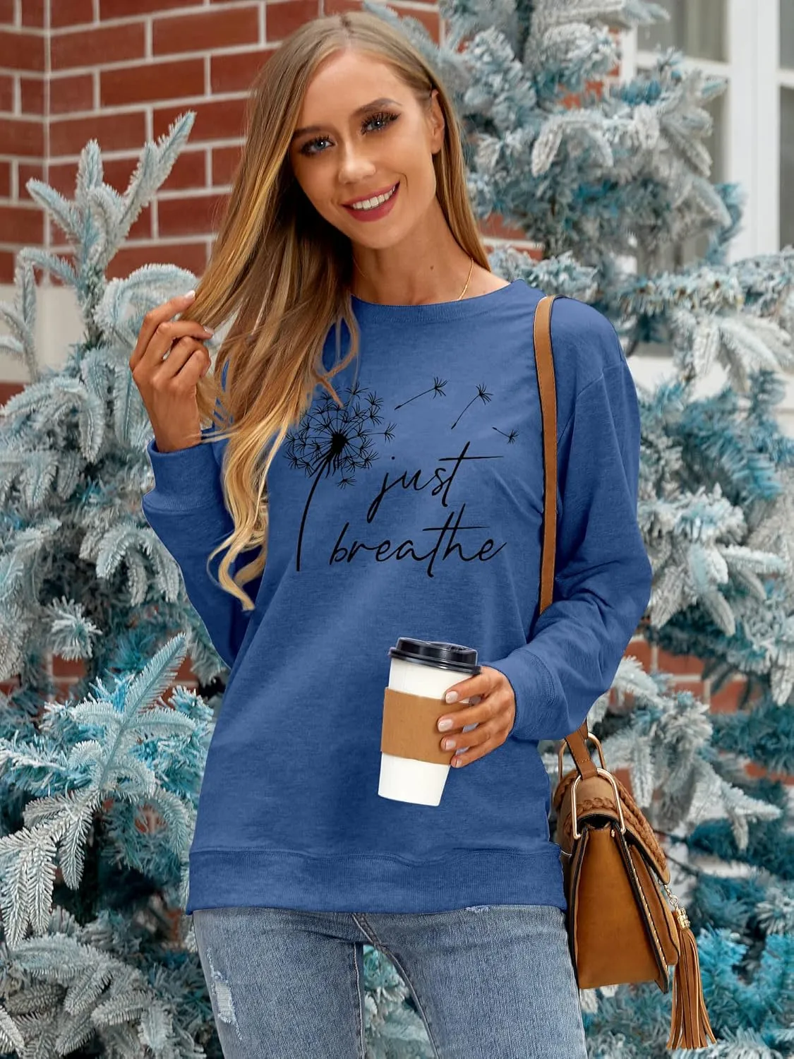 Ezcosplay Women Dandelion Graphic T-Shirts Just Breathe Long Sleeve Shirts Letter Print Sweatshirt