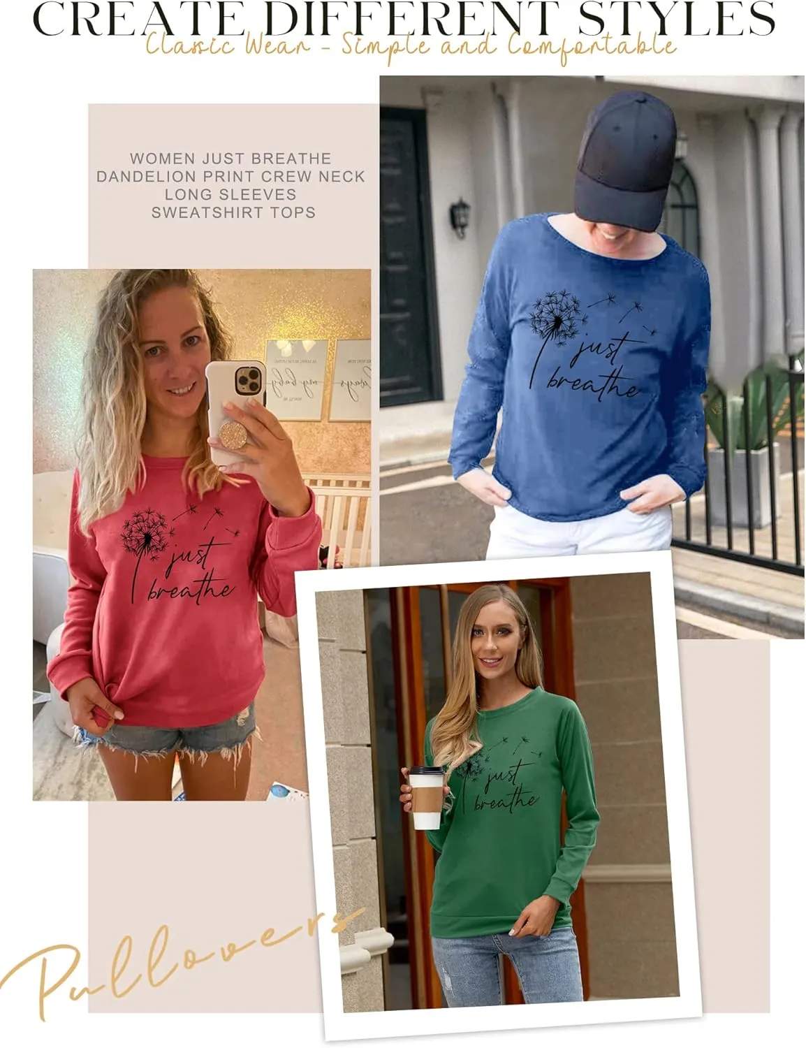 Ezcosplay Women Dandelion Graphic T-Shirts Just Breathe Long Sleeve Shirts Letter Print Sweatshirt
