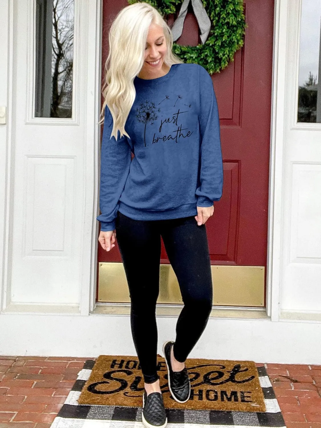 Ezcosplay Women Dandelion Graphic T-Shirts Just Breathe Long Sleeve Shirts Letter Print Sweatshirt