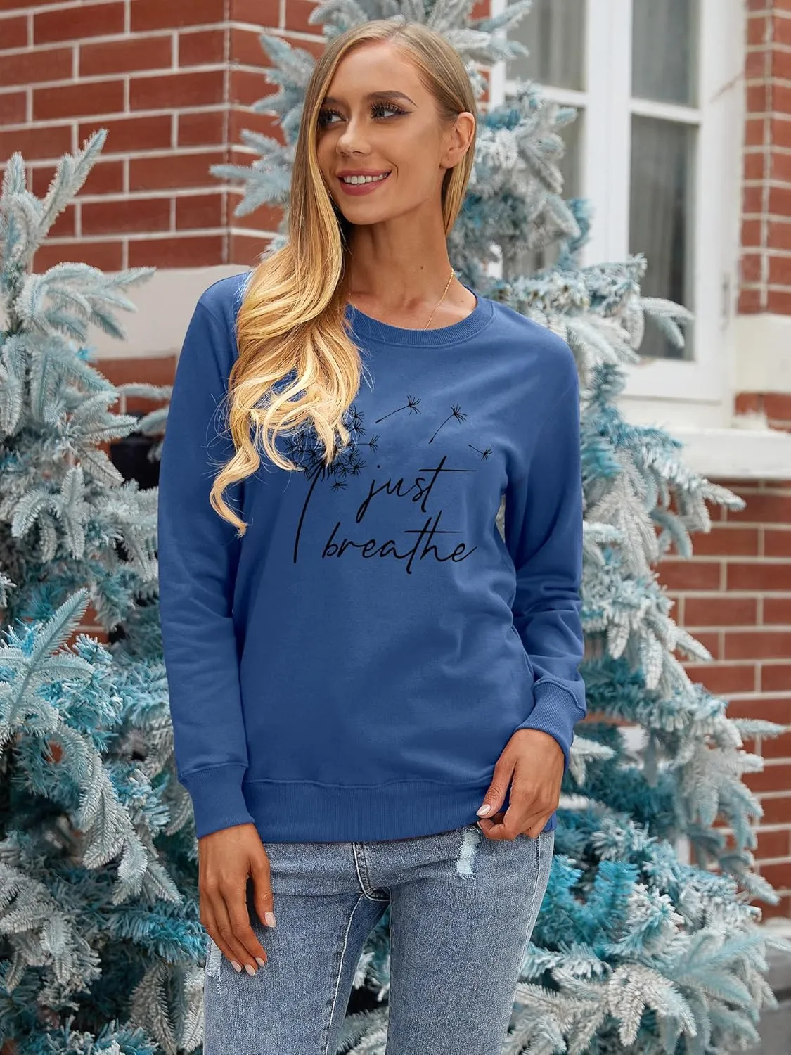 Ezcosplay Women Dandelion Graphic T-Shirts Just Breathe Long Sleeve Shirts Letter Print Sweatshirt