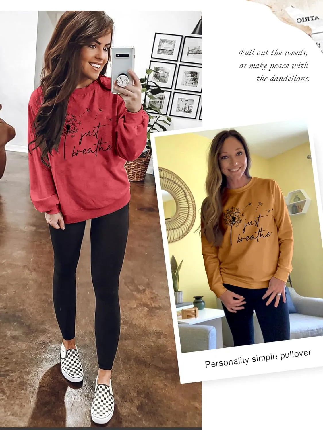 Ezcosplay Women Dandelion Graphic T-Shirts Just Breathe Long Sleeve Shirts Letter Print Sweatshirt