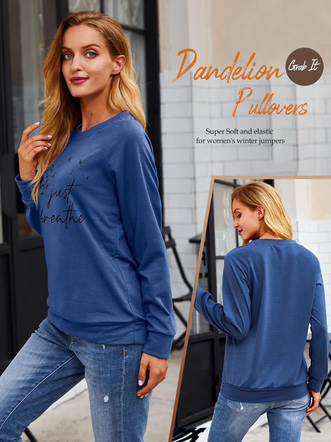 Ezcosplay Women Dandelion Graphic T-Shirts Just Breathe Long Sleeve Shirts Letter Print Sweatshirt