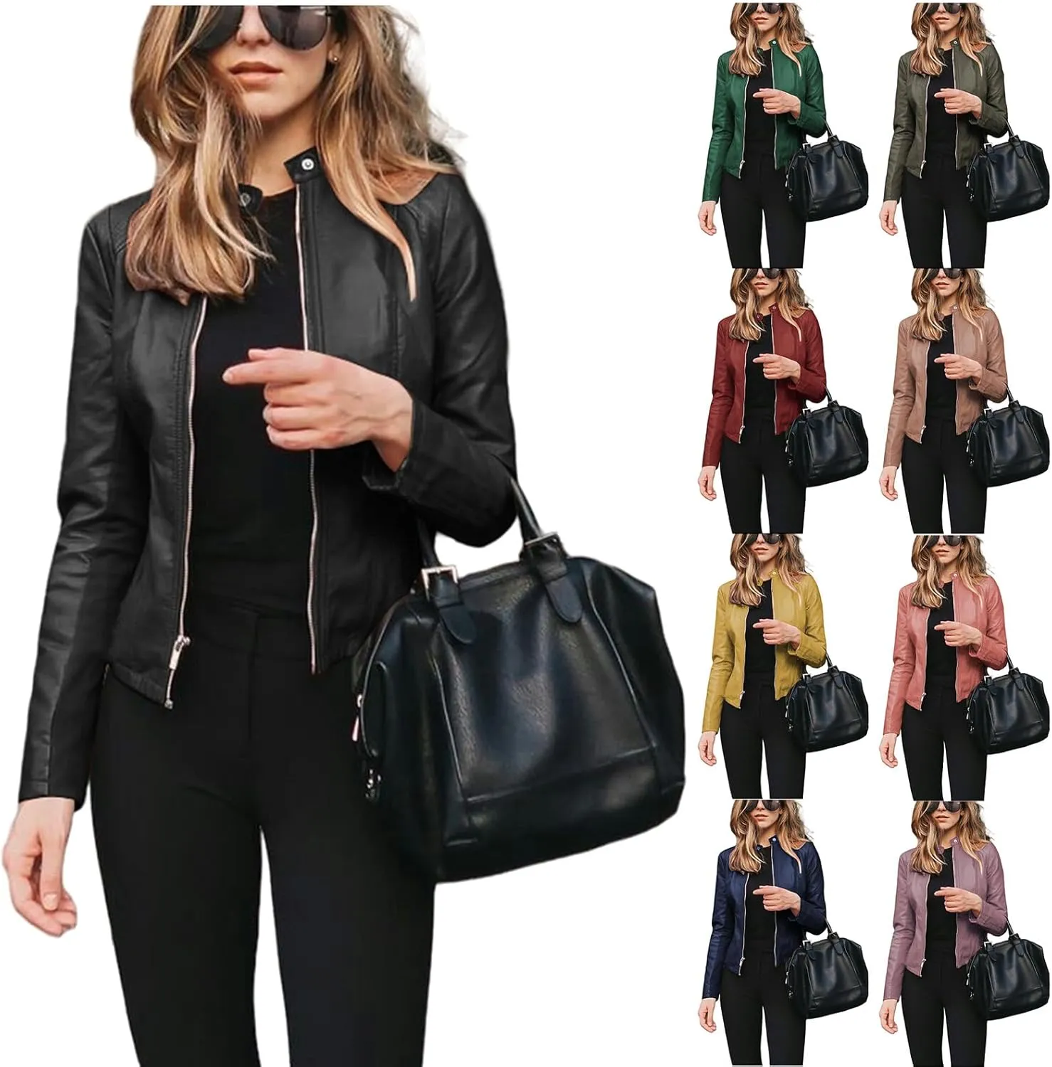 Faux Leather Jacket for Women Casual Bomber Jacket Cropped Zip Up Long Sleeve Jackets Fall Blazers