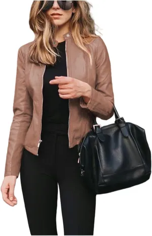 Faux Leather Jacket for Women Casual Bomber Jacket Cropped Zip Up Long Sleeve Jackets Fall Blazers