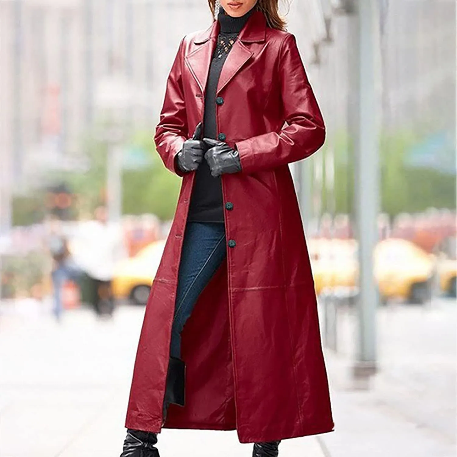 Faux Leather Trench Coats for Women Single Breasted Long Sleeve Ankle Length Jacket Notched Lapel Motorcycle Outwear