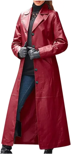 Faux Leather Trench Coats for Women Single Breasted Long Sleeve Ankle Length Jacket Notched Lapel Motorcycle Outwear