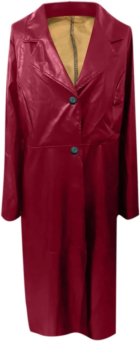 Faux Leather Trench Coats for Women Single Breasted Long Sleeve Ankle Length Jacket Notched Lapel Motorcycle Outwear