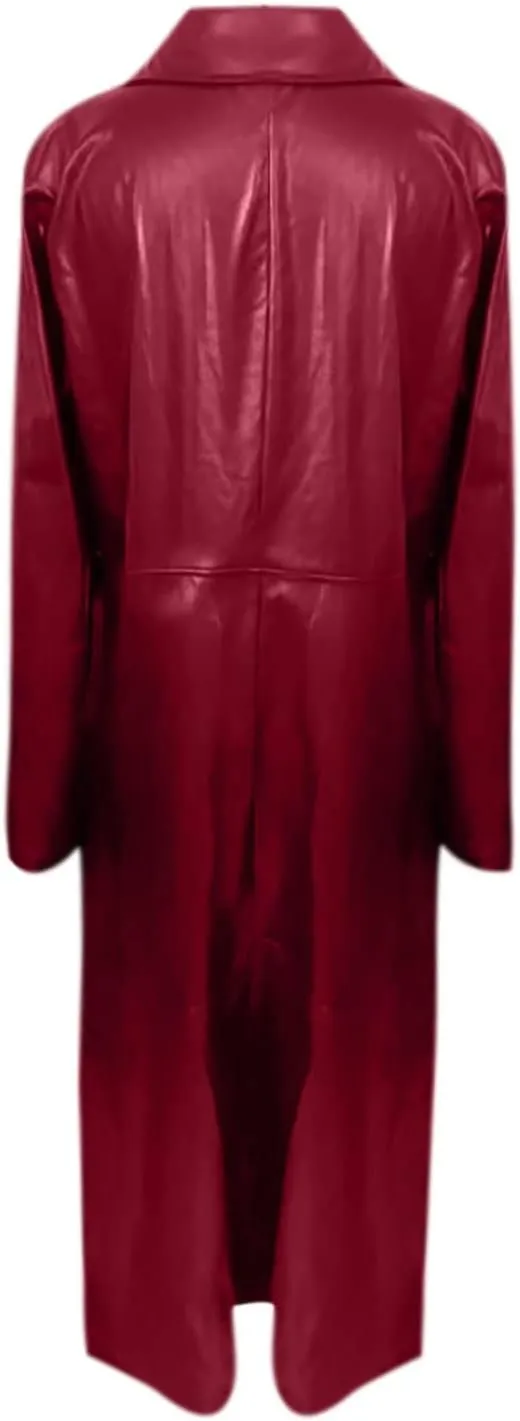 Faux Leather Trench Coats for Women Single Breasted Long Sleeve Ankle Length Jacket Notched Lapel Motorcycle Outwear