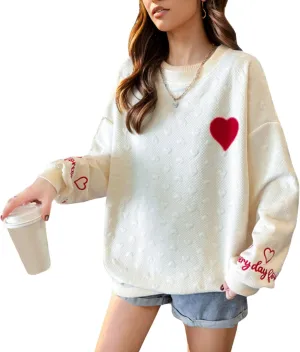 FindThy Womens Oversized Heart Print Pullover Long Sleeve Crew Neck Waffle Knitted Sweatshirt Pullovers