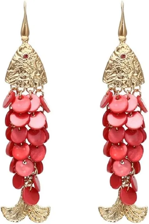 Fish Earrings for Women, Cute Animal Fishbone Tassel Earrings for Womens, Handmade Braided Shell Fish Dangle Earrings Hypoallergenic, Fish Bone Bohemian Drop Earrings, Sterling Silver, No Gemstone