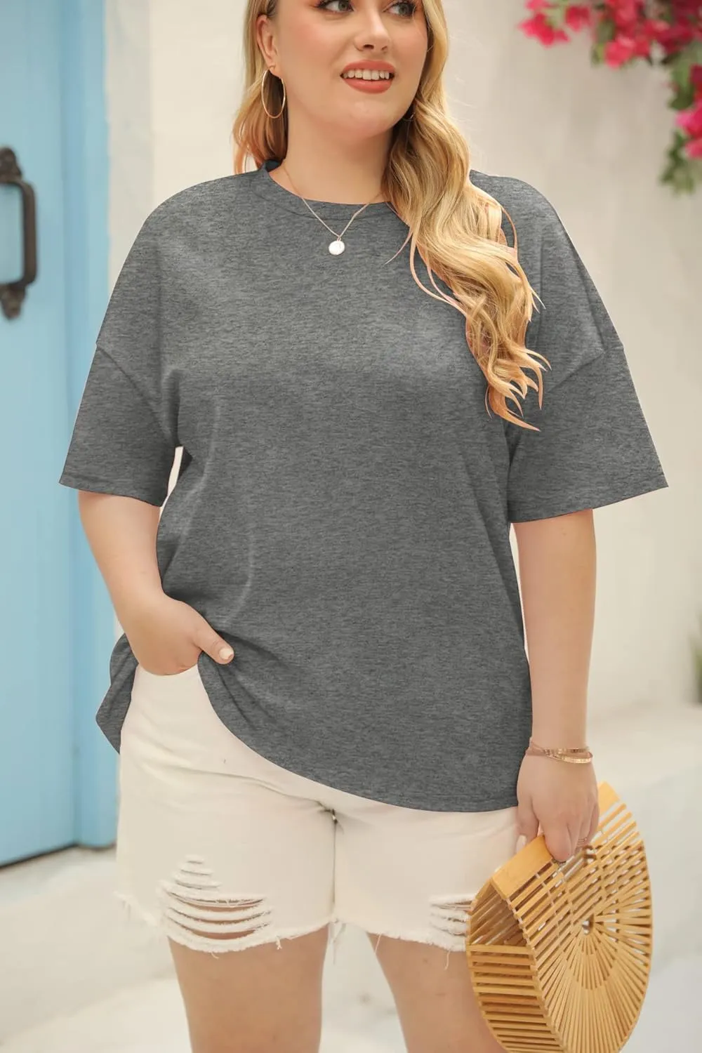 Fisoew Women's Plus Size T Shirts Oversized Tees Summer Half Sleeve Crew Neck Tunic Tops