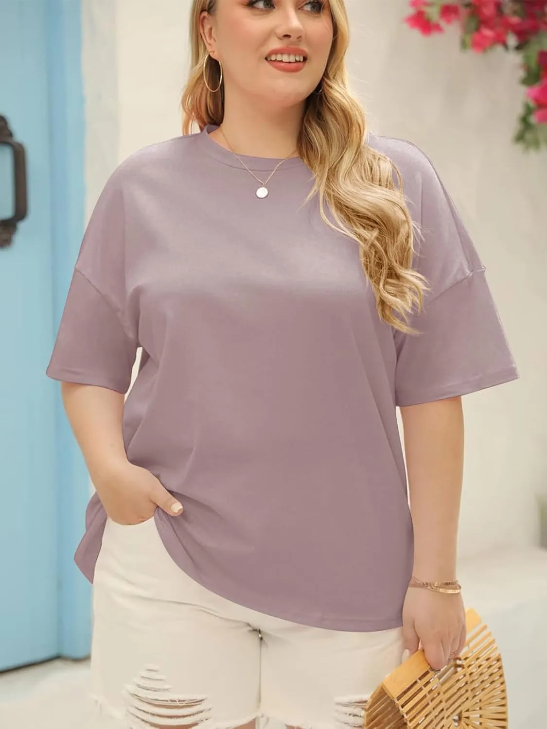 Fisoew Women's Plus Size T Shirts Oversized Tees Summer Half Sleeve Crew Neck Tunic Tops
