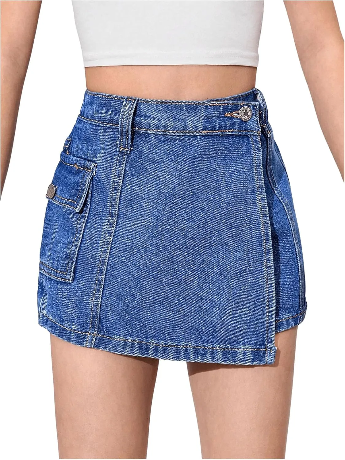 Floerns Girl's Wrap Front High Waist Denim Skorts Straight Leg Skirt Shorts