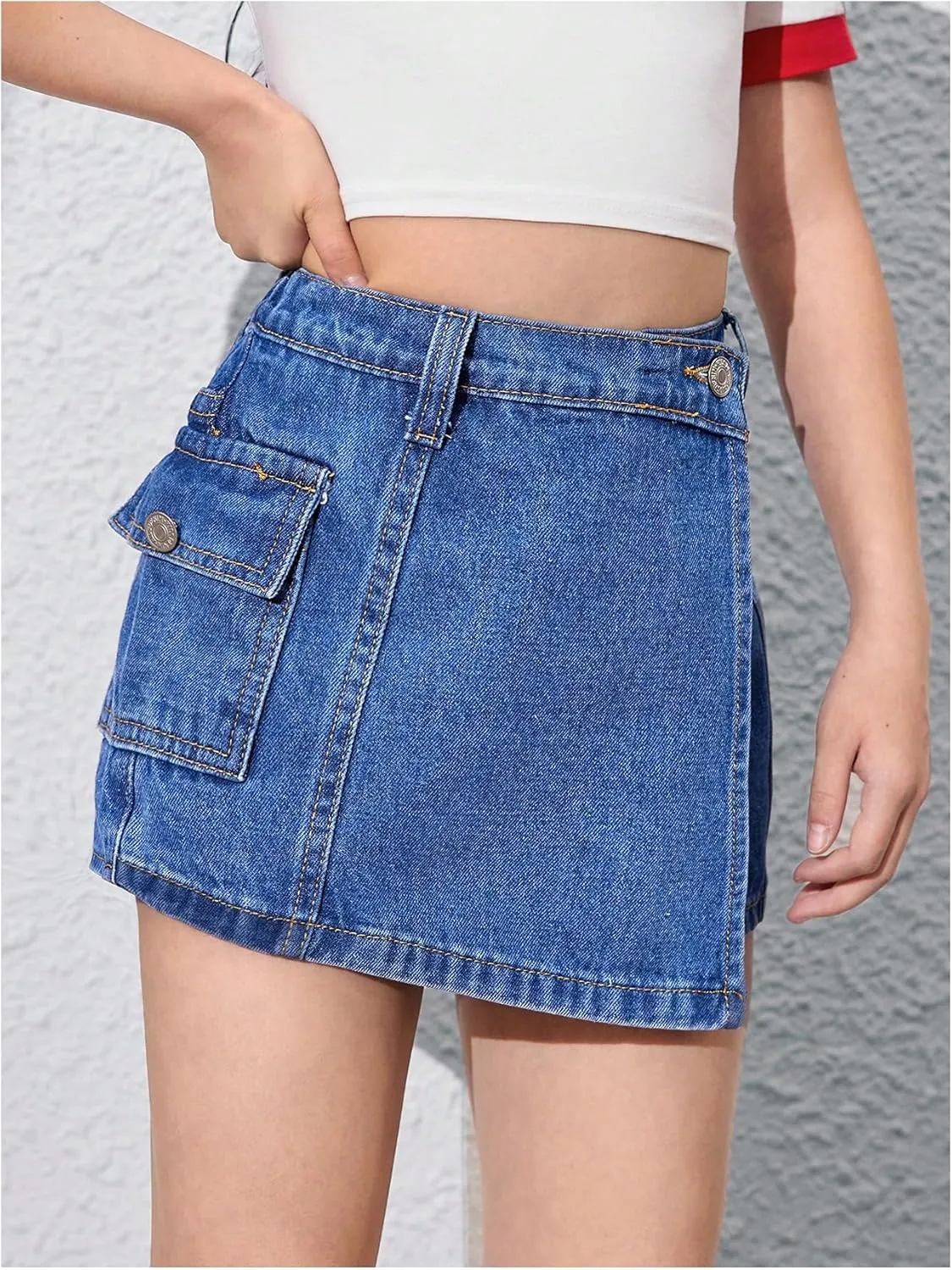 Floerns Girl's Wrap Front High Waist Denim Skorts Straight Leg Skirt Shorts