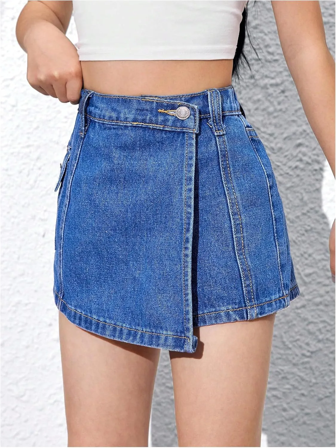 Floerns Girl's Wrap Front High Waist Denim Skorts Straight Leg Skirt Shorts