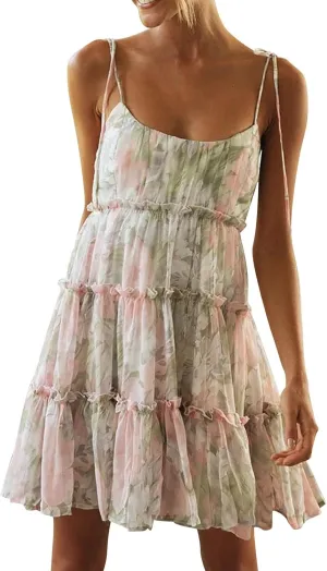 Floral Dress for Women Sleeveless Spaghetti Strap Ruffle Mini Dress Flowy Boho Tiered Sexy Short Plus Size Summer Dresses