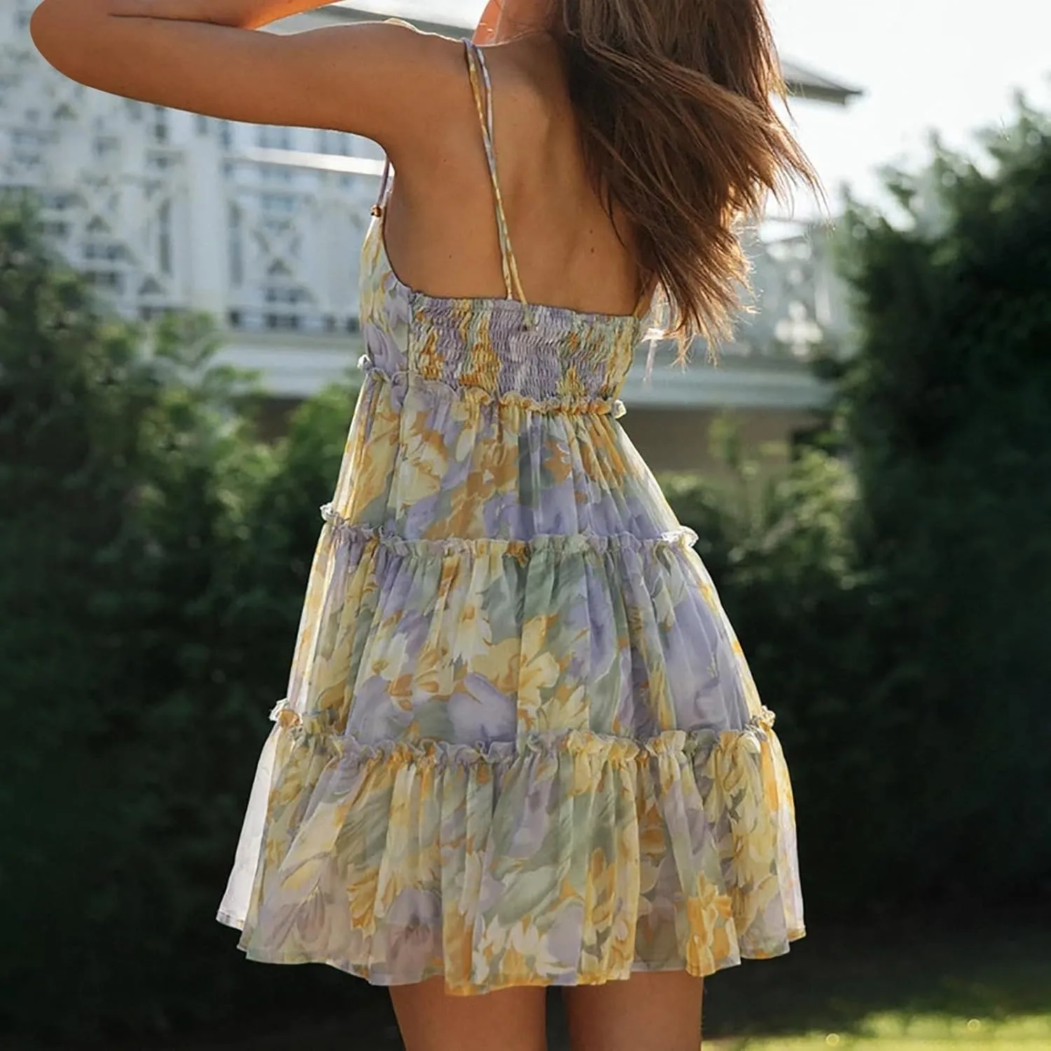 Floral Dress for Women Sleeveless Spaghetti Strap Ruffle Mini Dress Flowy Boho Tiered Sexy Short Plus Size Summer Dresses