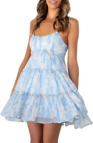 Floral Dress for Women Sleeveless Spaghetti Strap Ruffle Mini Dress Flowy Boho Tiered Sexy Short Plus Size Summer Dresses