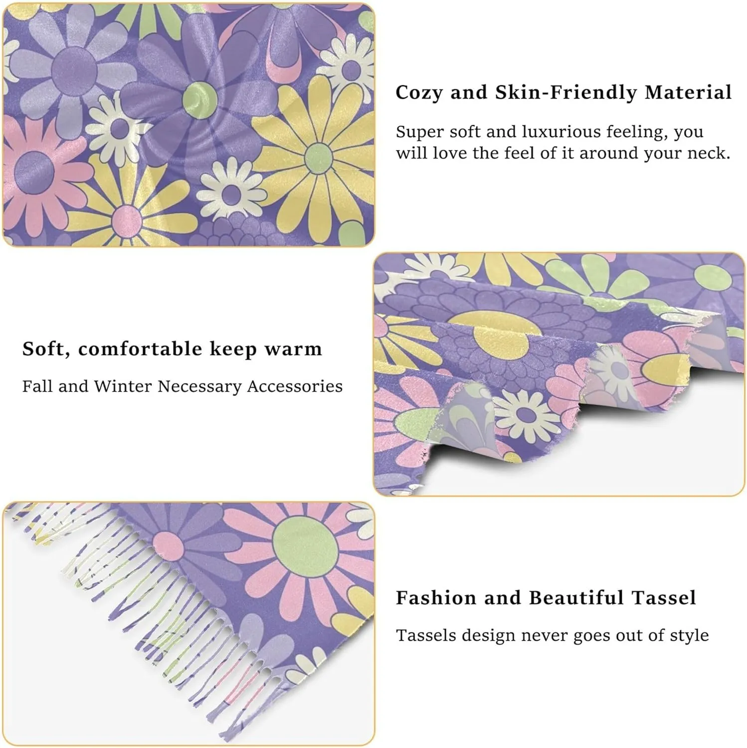 Floral Groovy Retro Flowers Knit Scarf Decorative Women Shawls and Wraps Formal Oversized Pashmina Cashmere