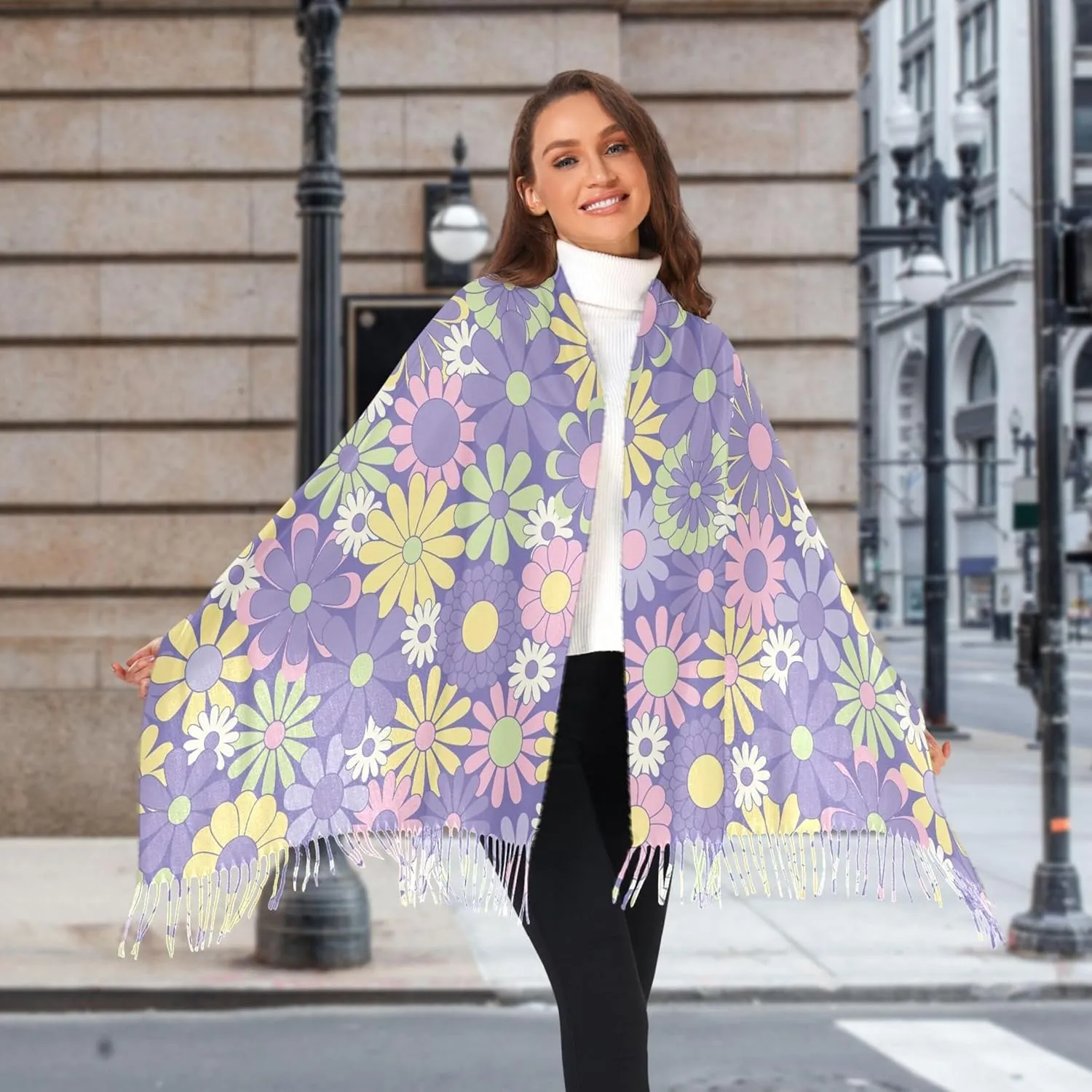 Floral Groovy Retro Flowers Knit Scarf Decorative Women Shawls and Wraps Formal Oversized Pashmina Cashmere