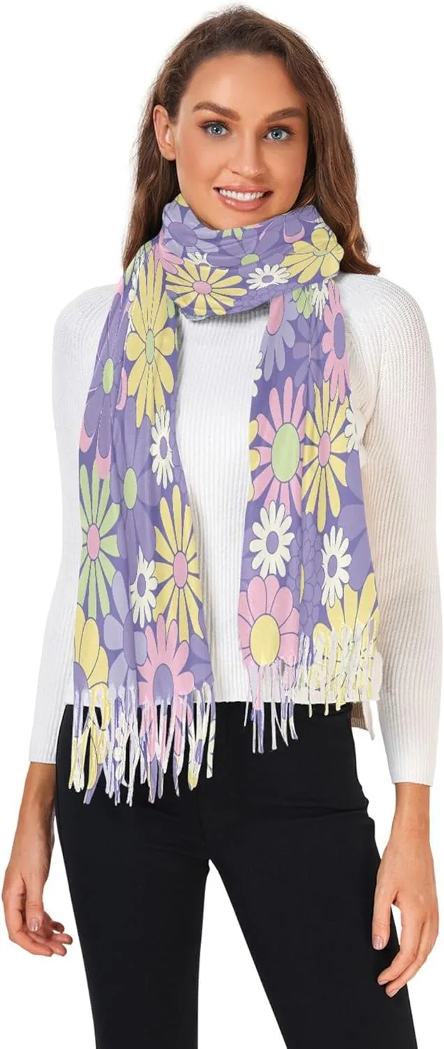 Floral Groovy Retro Flowers Knit Scarf Decorative Women Shawls and Wraps Formal Oversized Pashmina Cashmere
