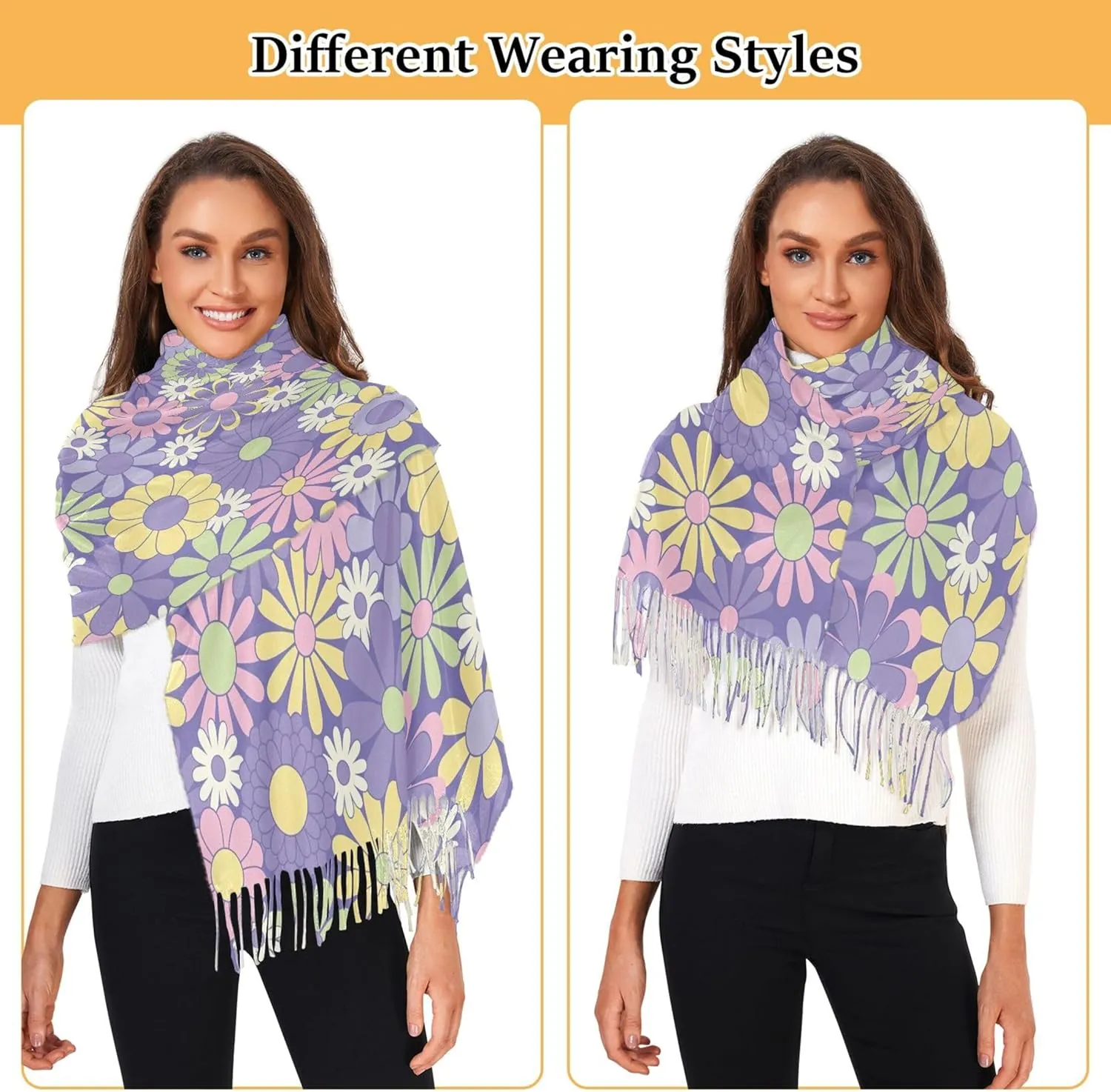 Floral Groovy Retro Flowers Knit Scarf Decorative Women Shawls and Wraps Formal Oversized Pashmina Cashmere